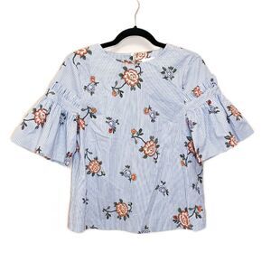 H&M pinstriped floral flounce bell sleeve top med